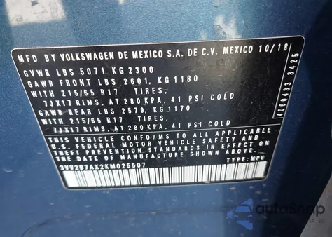 2019 Volkswagen Tiguan 2.0T Se/2.0T Sel/2.0T Sel R-Line/2.0T Sel R-Line Black z USA, uszkodzony, nr VIN 3VV2B7AX2KM025507